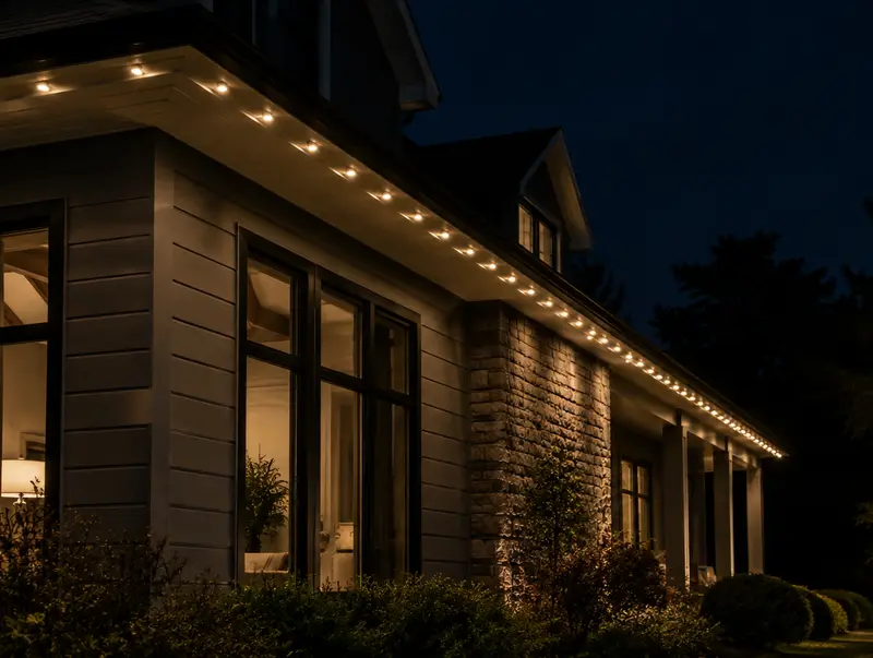 Permanent LED lights along the eaves of a home at night