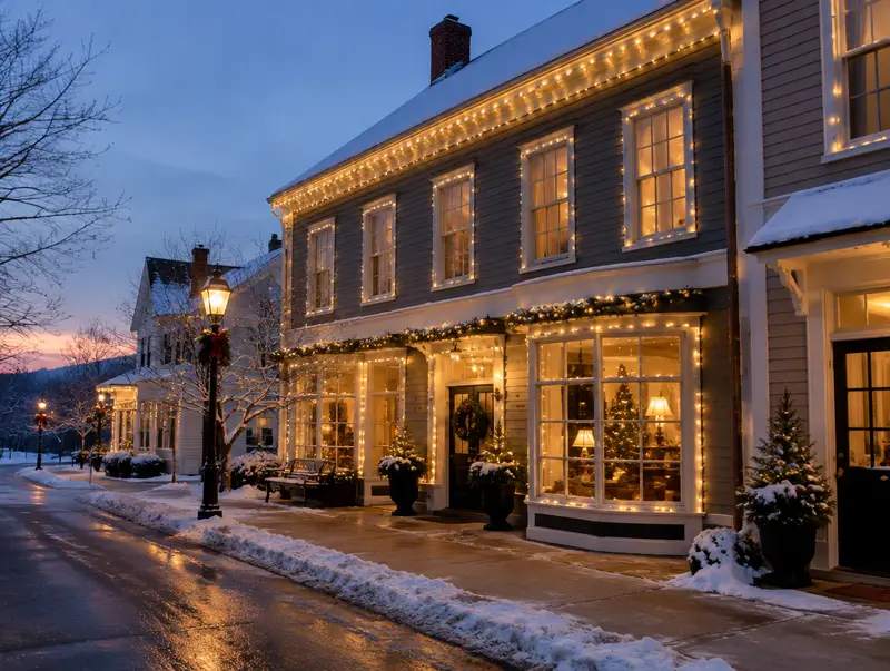Main street storefront decorated with holiday lights