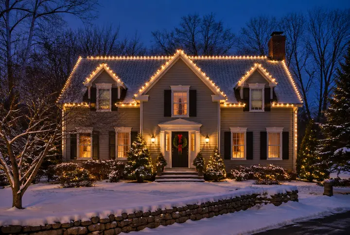 Colonial home with warm white Christmas lights along the roofline