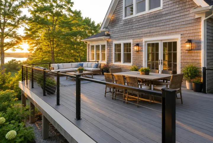 Gray composite deck with black railings behind a shingle-style home