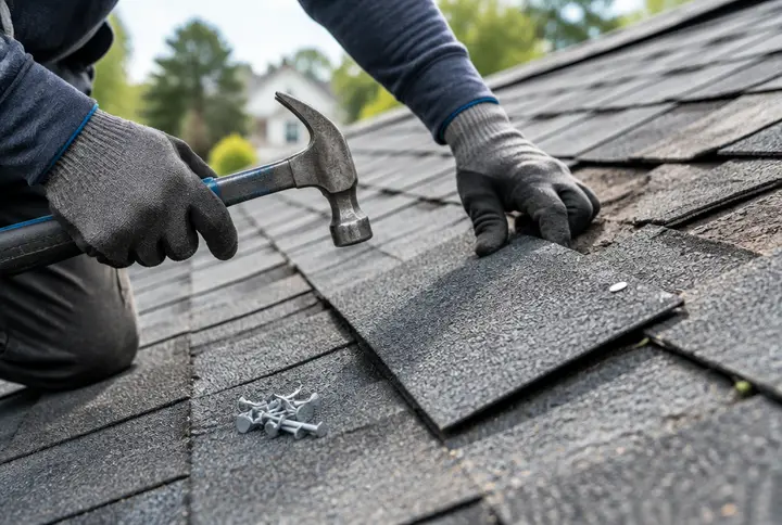 Roofer replacing a damaged asphalt shingle