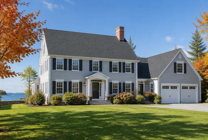 New England colonial home with a new charcoal architectural shingle roof