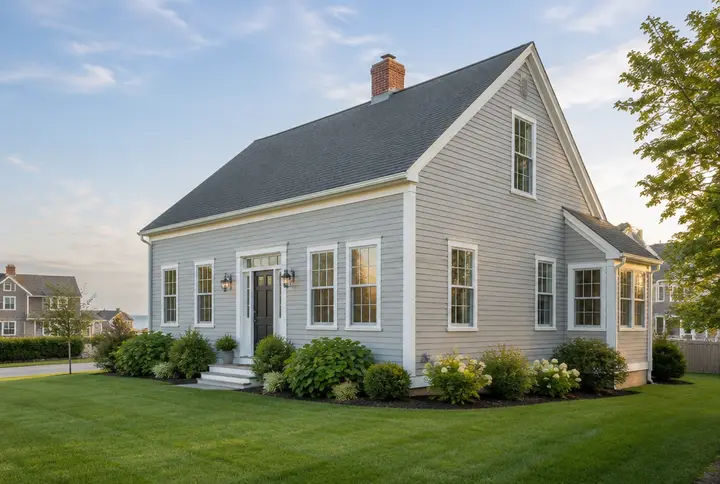 Cape-style home with light gray lap siding and white trim
