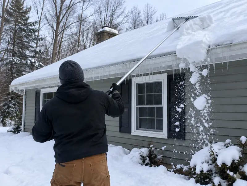 Worker using a roof rake to clear snow from a roof edge