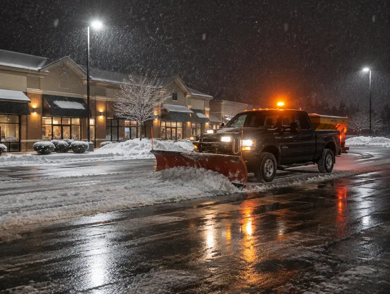 Plow truck clearing a commercial parking lot at night