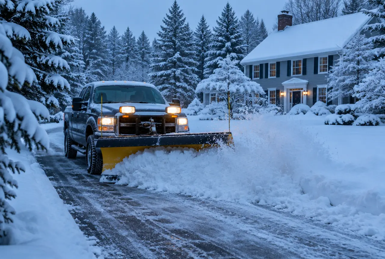 Pickup truck plowing a snowy residential driveway