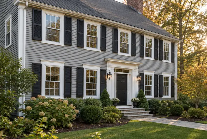 Colonial home with white double-hung windows and black shutters