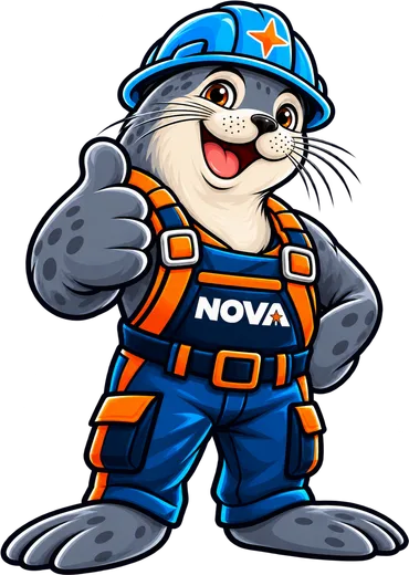 Nubble the Seal, the Nova Roofing & Siding mascot, in a hard hat giving a thumbs up