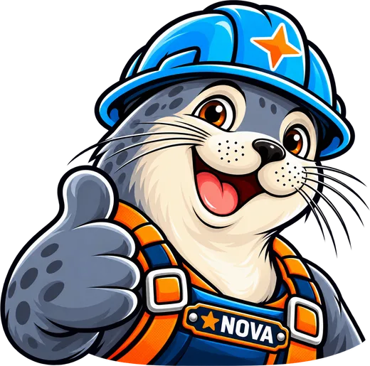 Nubble the Seal, the Nova Roofing & Siding mascot, giving a thumbs up